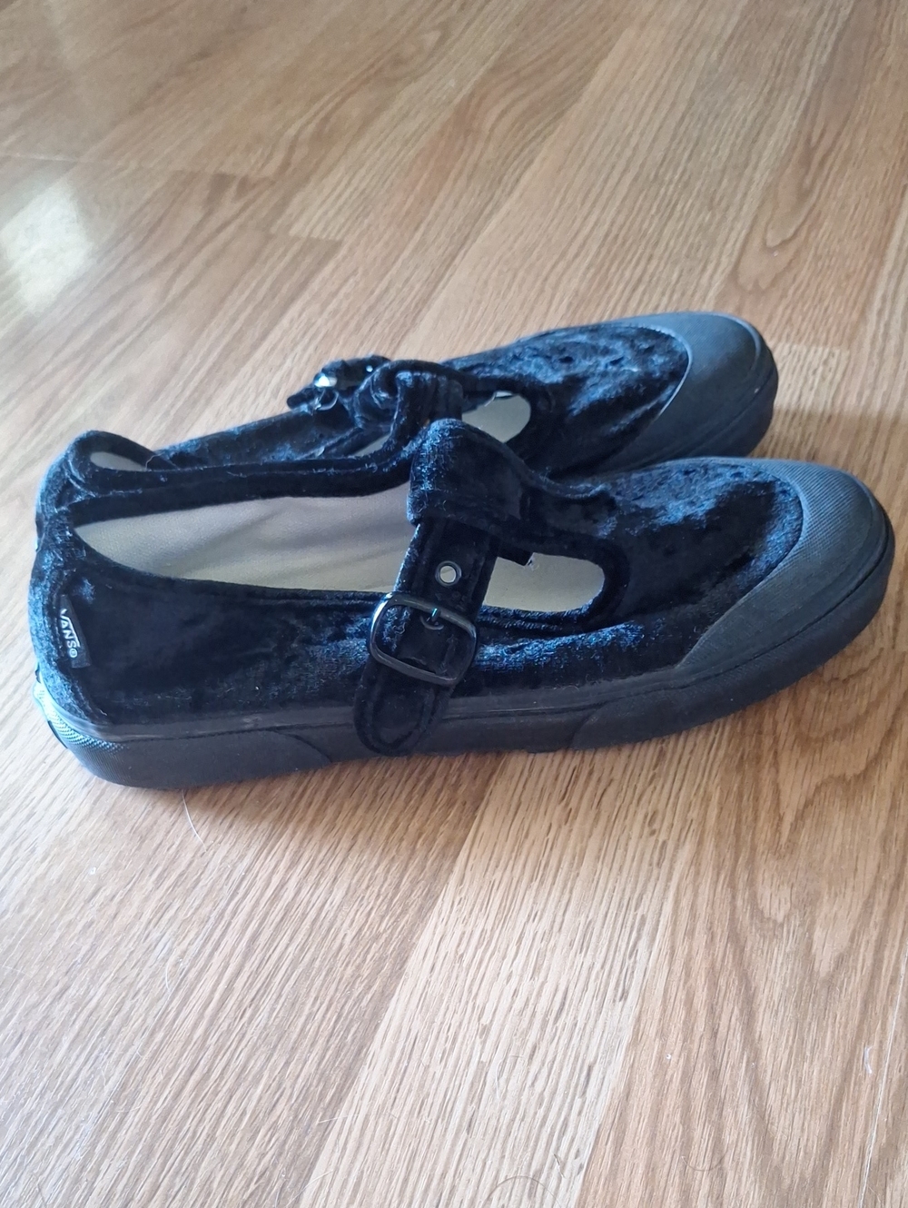 Vans Black Velvet Mary Jane Slip-On Flats with Buckle Strap